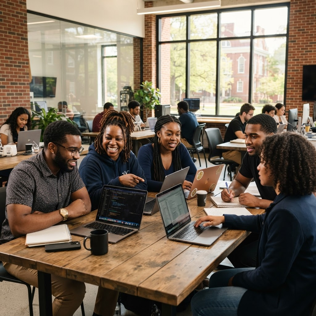 Students collaborating with laptops in an HBCU innovation lab